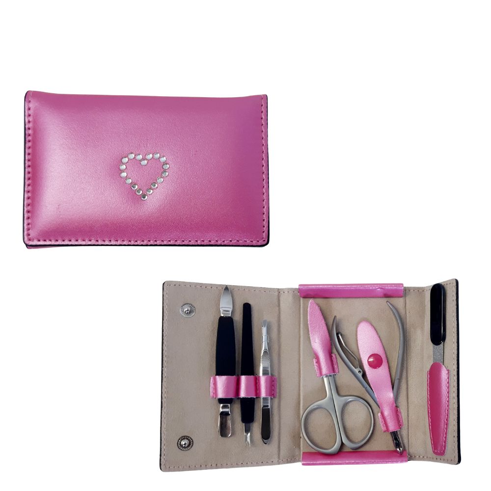 Trousse manucure 6 pièces en cuir rose