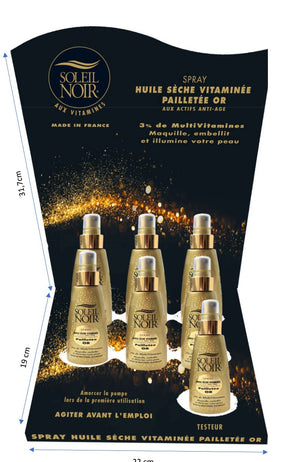 Présentoir Spray Huile Sèche Vitaminée Pailleté Or 150 ml SOLEIL NOIR